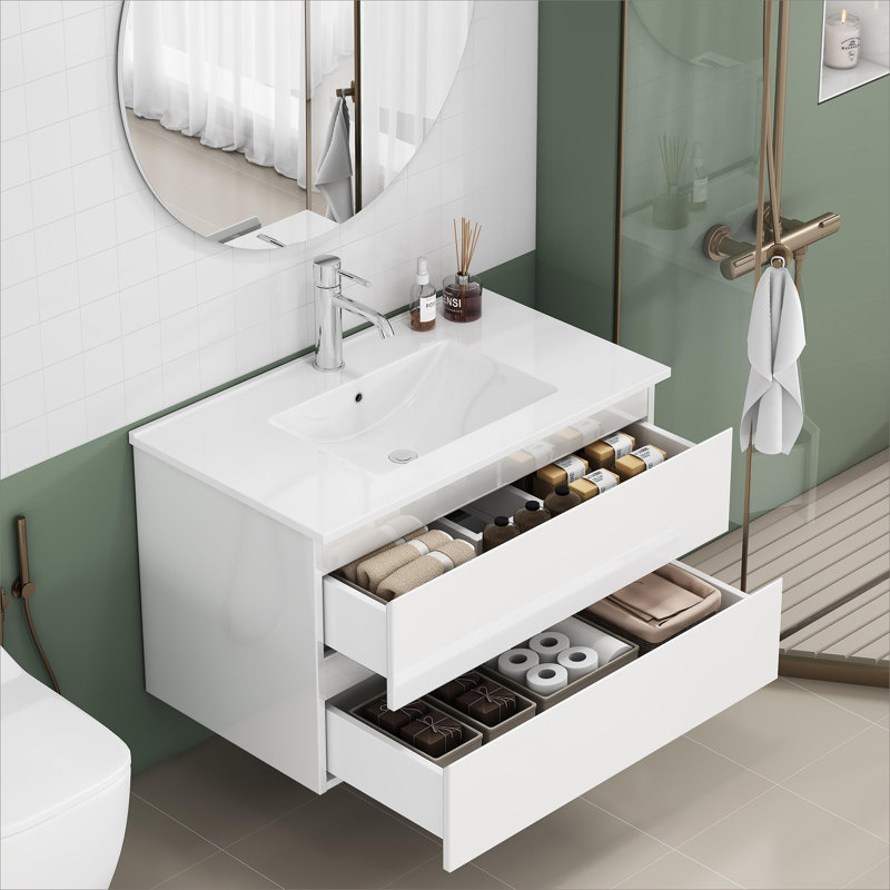 Meuble-lavabo avec lavabo et 2 grands tiroirs, système de fermeture en douceur