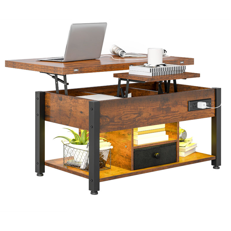 Table basse à plateau relevable avec lumière, Brun