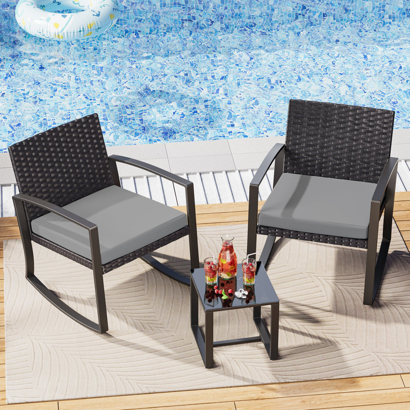 2-Person Steel Rocking Patio Set with All-Weather Wicker Back, Cushions & Coffee Table, Gray