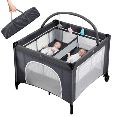 Twin Bassinet For Two Babies, 3-In-1 Portable Pack And Play With Hanging Toys, Storage Basket & Carry Bag, Foldable Bedside Sleeper For Newborns, Black