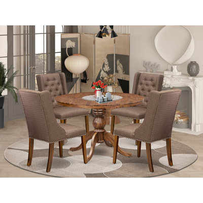 L'ensemble de salle à manger 5 pièces Mid Century comprend une table en bois et 4 chaises en tissu de lin brun avec dossier capitonné, noyer antique