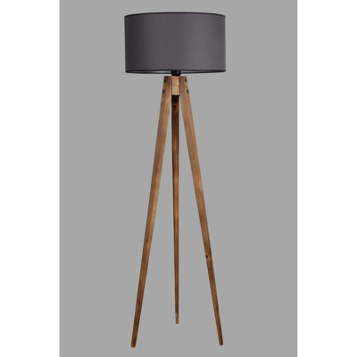 Lampe sur pied industrielle scandinave, structure en bois, hauteur 60,2 po, abat-jour 17,7 po de diamètre | Douille E27, 40 W maximum, interrupteur marche / arrêt, câble de 9,8 pi | Design élégant brun et gris pour la maison et le bureau
