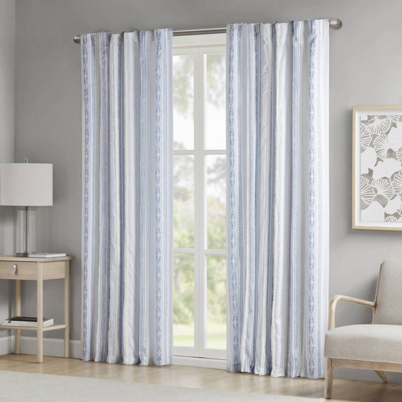 Poly Printed Curtain Panel with Tufted Stripe and Lining White/Navy 50x95", 1" W x 95" L, White/Navy