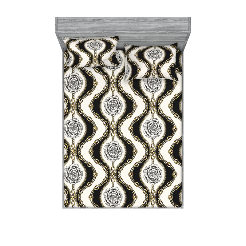 Drap-housse et taies décoratives 3 pièces Ambesonne, Gris anthracite / motif floral moutarde
