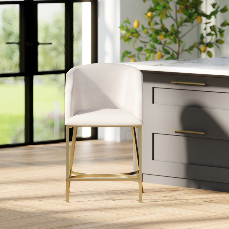 Tabouret de comptoir moderne de 26 po avec cadre en similicuir blanc et acier doré, idéal pour un îlot de cuisine ou un bar, choisissez une hauteur de siège de 31 po, une assise confortable avec un rembourrage en mousse à dossier incurvé, fonctionnelle