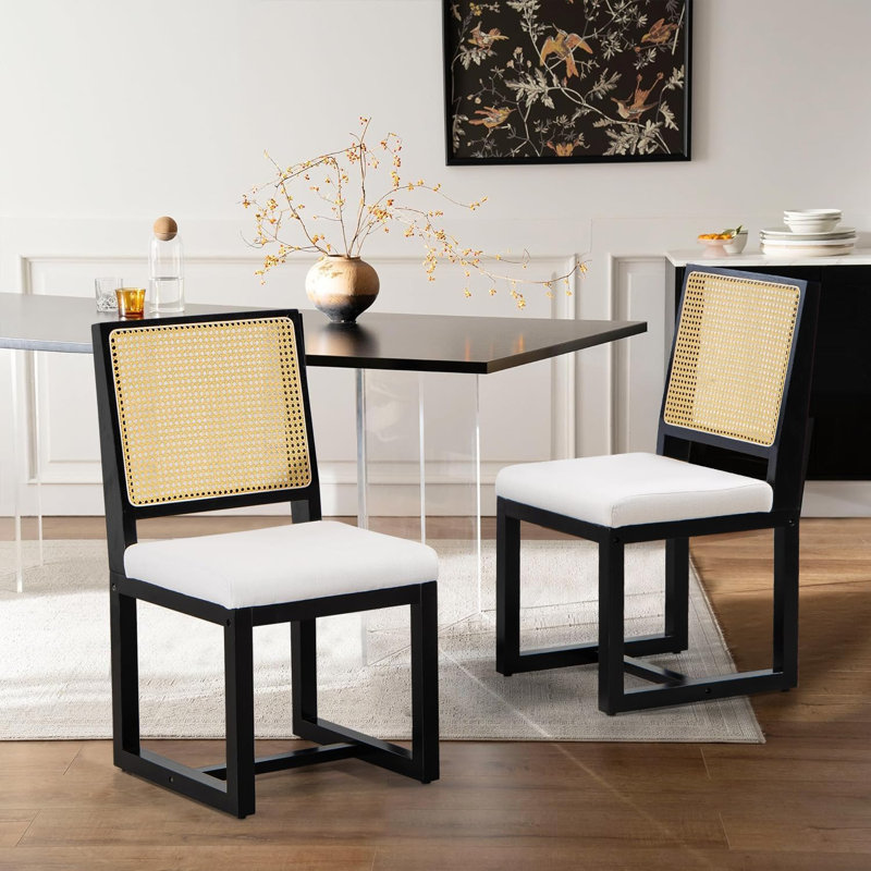 Aureon Upholstered Modern Rattan Dining Chairs, Armless Side Accent Chair, White, Black