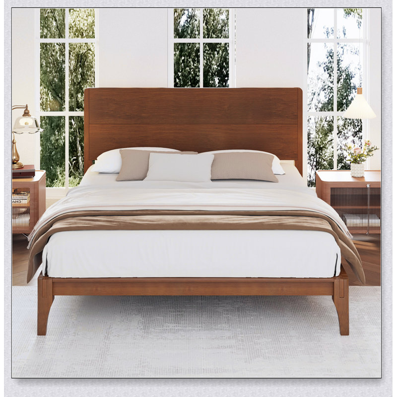 Lit plateforme en bois de bambou de style Mid-Century avec support en lattes de bois, Très grand
