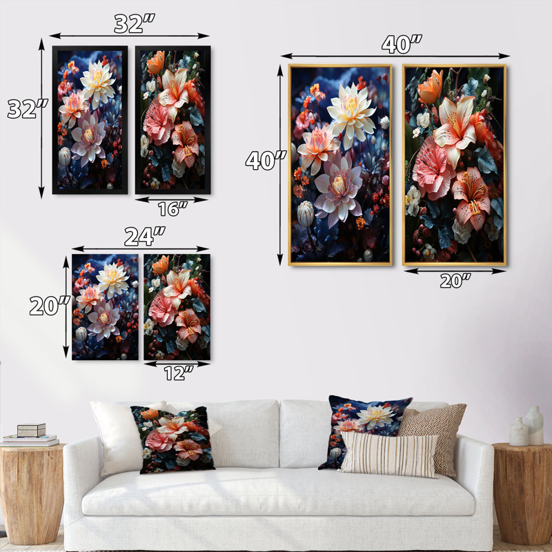 «Pink Blue Meadow Wildflower», 2 pièces sur toile, H 32 po x l 32 po, Cadre noir