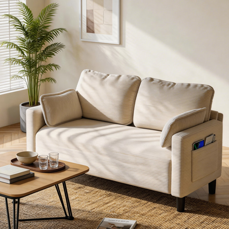 Causeuse beige en velours côtelé 48 po avec poches latérales et coussins amovibles
