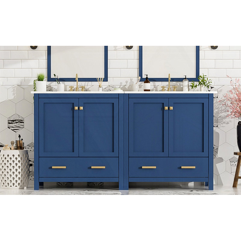 Ensemble de meuble-lavabo double 60 po, Bleu, Or