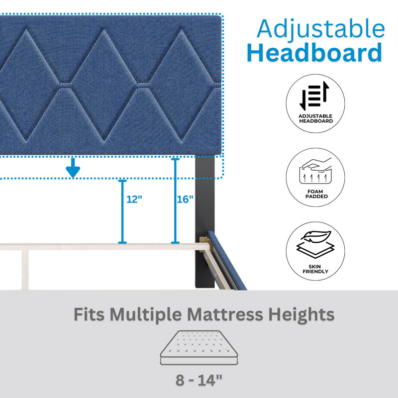 Diamond Linen Upholstered Platform Bed Frame with Adjustable Headboard - Boyd Sleep, King, Blue