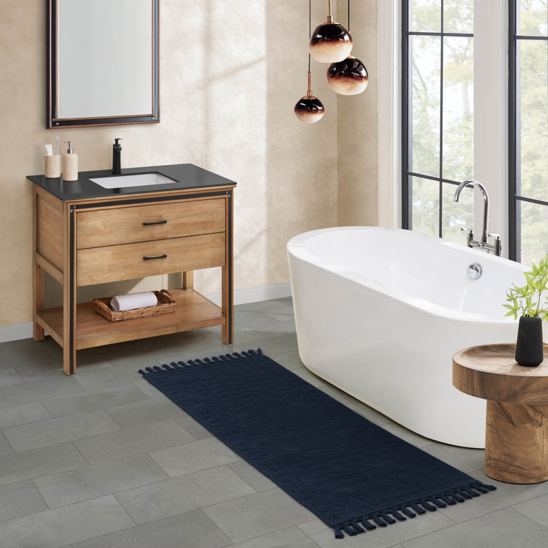 French Connection Nellore Fringe Machine Washable Cotton Bath Rug, Navy, 64" L x 24" W