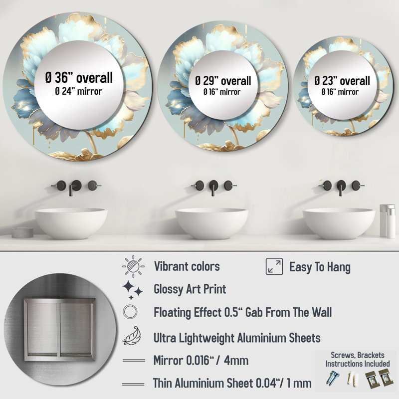 Décoration florale chic et bleue IV - Miroir rond floral et botanique_MTMIR56364, 29 po x 29 po