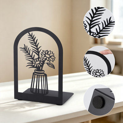 Ensemble de 12 (6 paires) serre-livres décoratifs en métal à motif floral et d'arbre, bouchons de livres arqués noirs 6,88 x 4,7 x 3,5 pouces, porte-livres robustes antidérapants pour tablettes, bureau et décoration intérieure