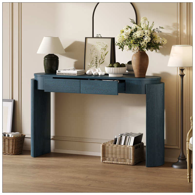 Navy Blue Fluted Entryway Table - 2 Drawer Oval Console for Living Room, Navy