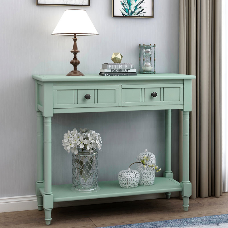 Console de style traditionnel avec deux tiroirs et une tablette inférieure, Vert menthe