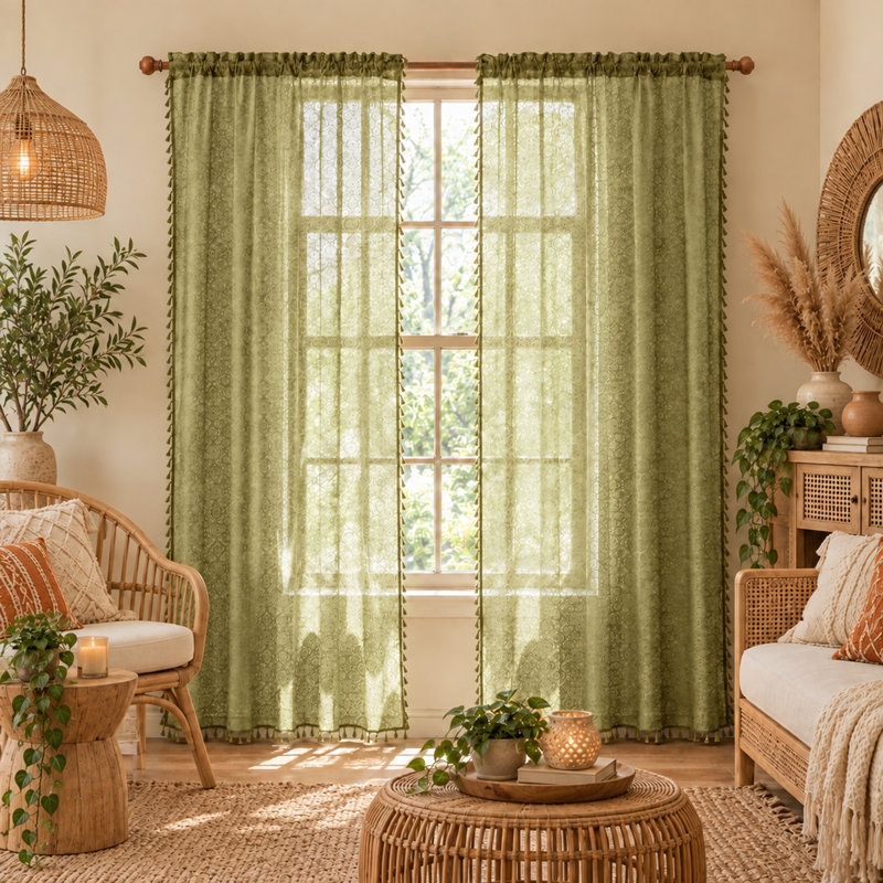 Rideaux de fenêtre Boho, Sage Green, 53" W x 84" L