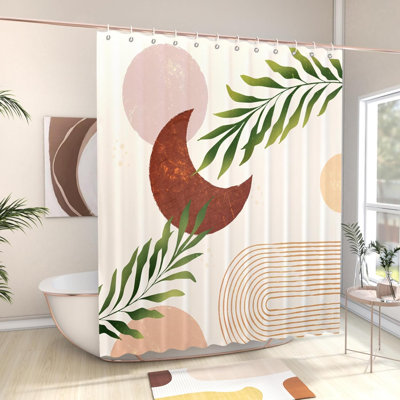 Rideaux de douche pour salle de bain - Ensemble de rideau de bain de style campagnard pour accessoires de décoration moderne Mid-Century - Rideau de douche abstrait imperméable (lune et plante)