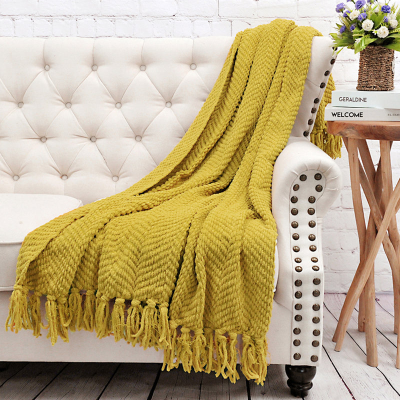 Tweed Knitted Throw Blanket, 60" x 80", Lemon Curry