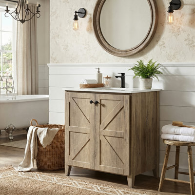 Meuble-lavabo de plancher pliant breveté de 30 po avec lavabo en céramique, armoire autoportante sans outil en 1 minute (gris antique)