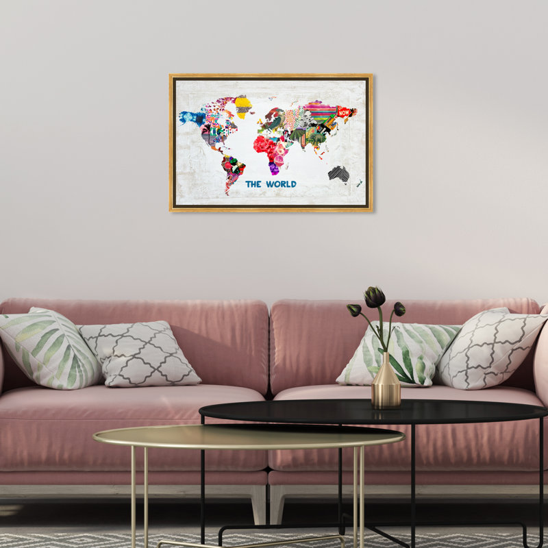Hipster Mapa Mundi - impression sur toile tendue, H 30 po x l 20 po, Cadre doré