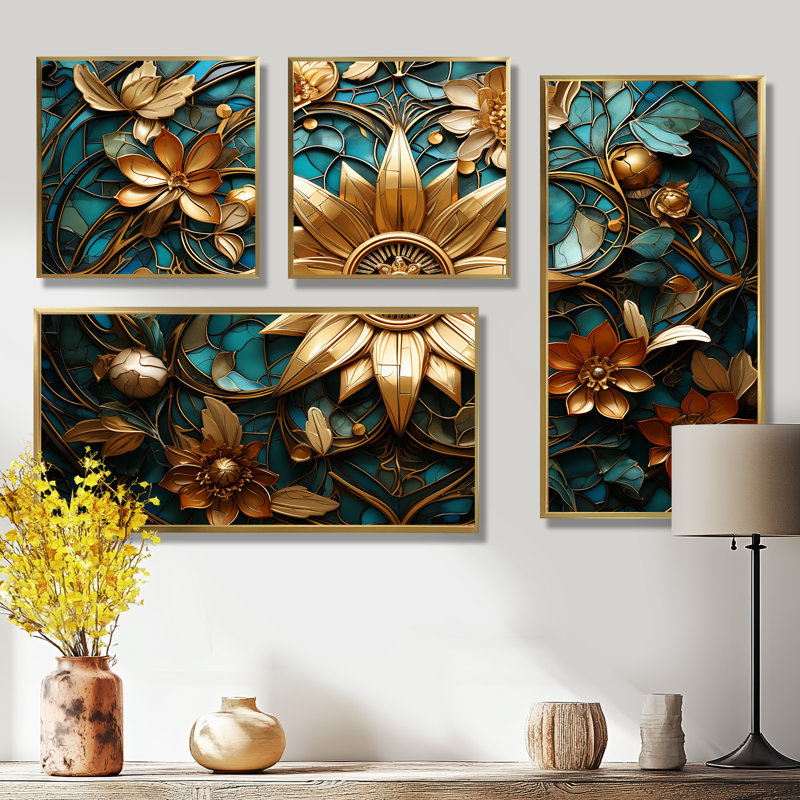Retro And Teal 3D Flowers - Wall Decor 4 Pieces, Framed Print without Mat, Gold