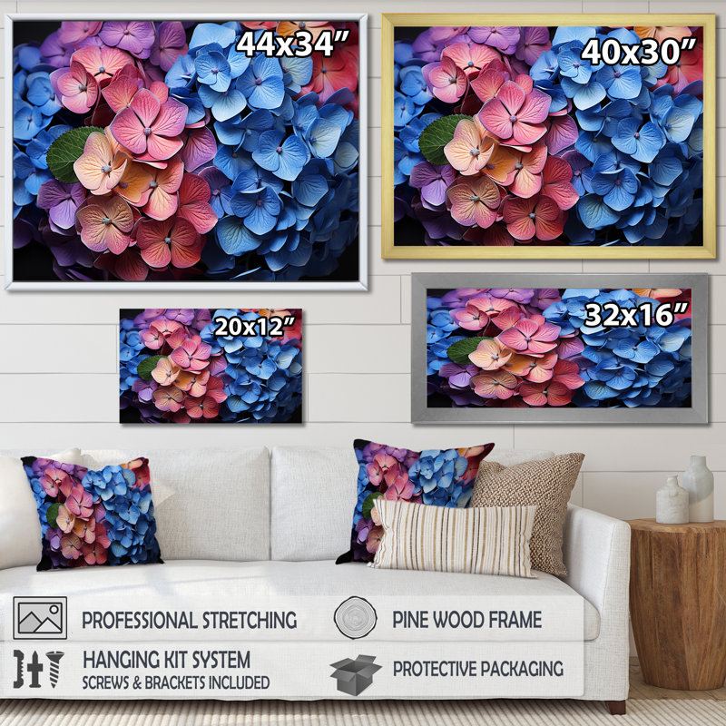 Hydrangées en fleurs mauves I sur toile, Cadre doré simple, H 30 po x l 40 po x P 1,5 po