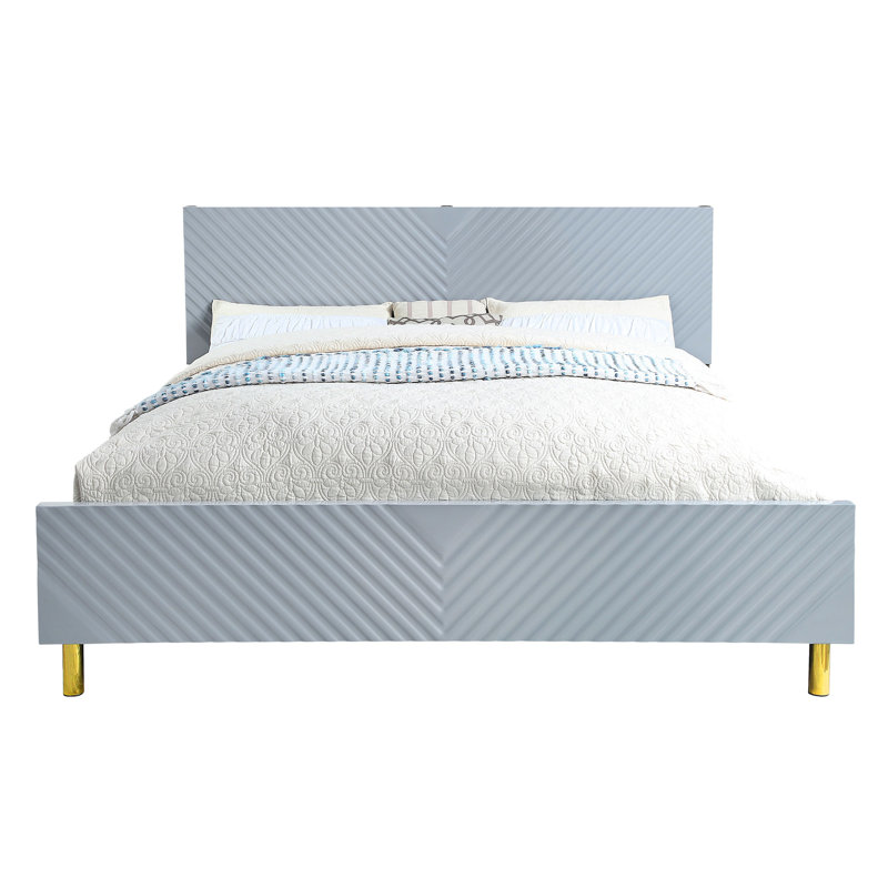 Grand lit gris très brillant avec motif ondulé, métal et 26 lattes, 2 pieds de soutien, capacité de 660 lb, bois synthétique, poids