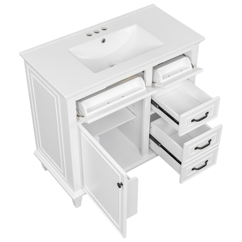Kestrel 36-Inch Freestanding Bathroom Vanity with Ceramic Sink Top and Solid Poplar Wood Frame, White