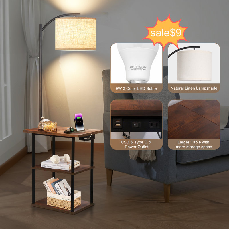 Kartrina 59.45'' Tray Table Floor Lamp with USB & Type-C & AC Port, Rustic Brown