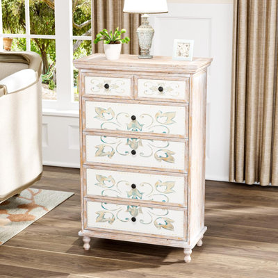 Armoire à six tiroirs en MDF P2 blanchi délavé avec pieds en bois massif