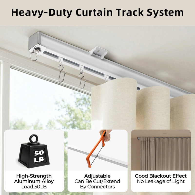 Birglinde Ceiling Mount Curtain Track System, Heavy-Duty Aluminum Rail for Wall or Ceiling Installation, Adjustable Length with Silent Glide, Complete Set with Hooks, for Room Divider, Bedroom, RV, White