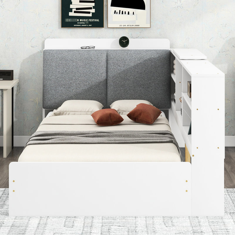 Lit plateforme simple en bois avec rangement pour tête de lit, 2 tiroirs, tablettes blanches pour tête de lit chambre à coucher, tablettes et rangement - Choice