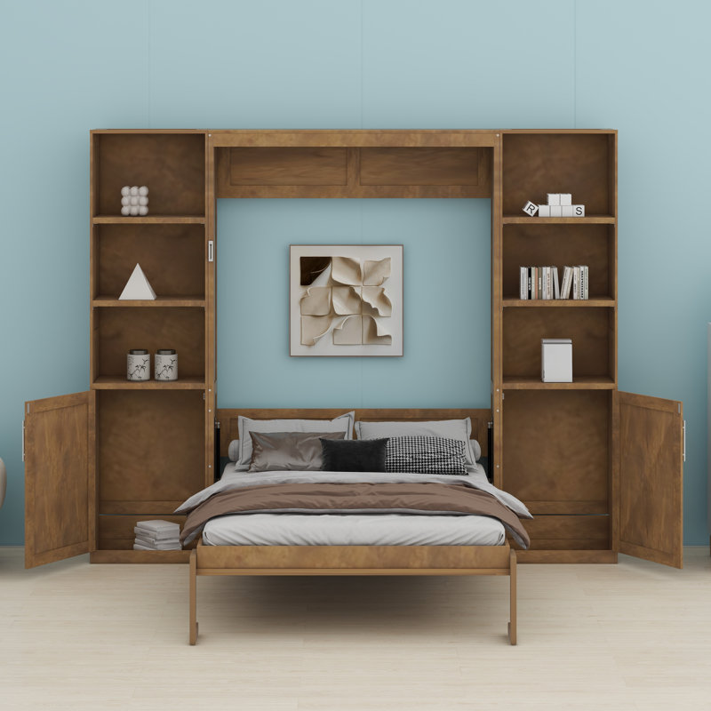 Lit escamotable en bois avec tablettes et armoires de rangement