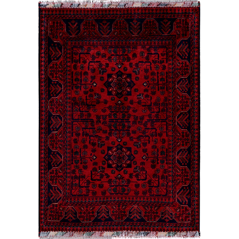 Tapis oriental 3 pi 5 po x 4 pi 9 po Khamyab afghan avec motif géométrique, laine douce et veloutée, teinture végétale nouée à la main, tapis oriental