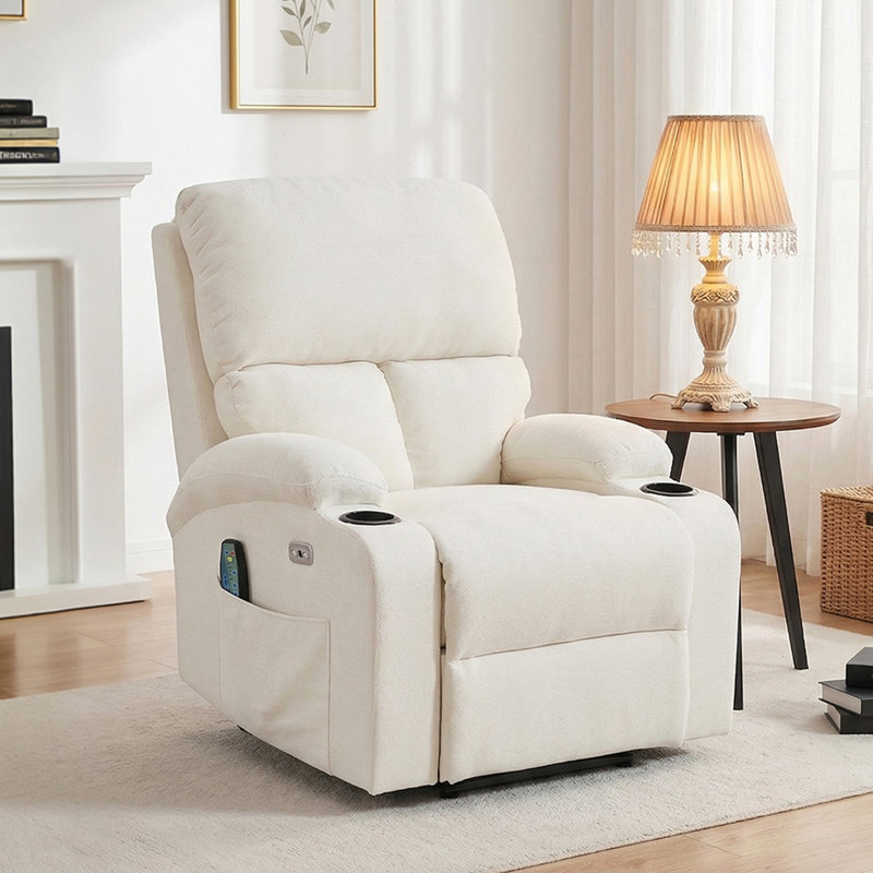 79cm Wide Chenille Glider Standard Recliner with Massager, White