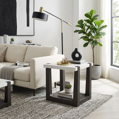 Iscaleon Table de bout carrée blanche / noire avec plateau en faux marbre et motif bicolore