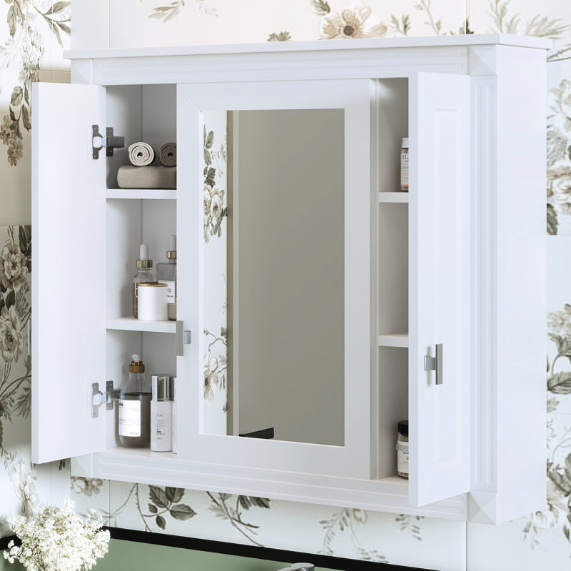 Armoire murale moderne avec 4 tablettes et miroir, couleur blanche réglable