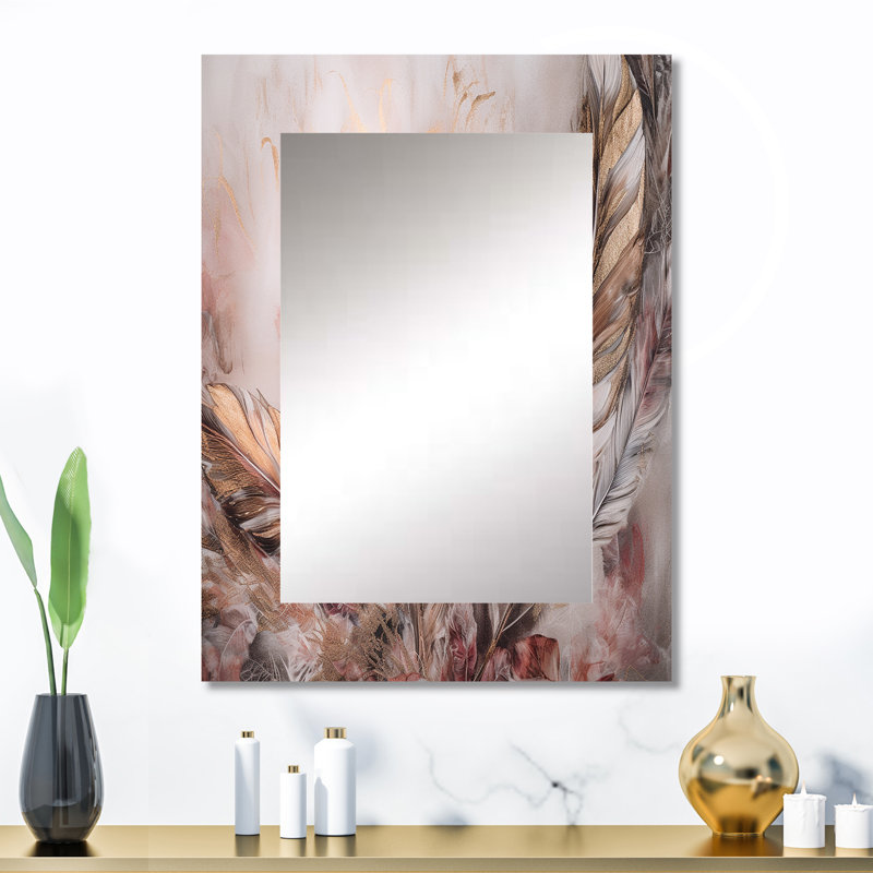 Gold Glamorous Feathers Of Boho Fantasy IV - Glam Feather Mirror, Modern Decorative Wall Mirror, Printed Metal Art, 32" x 24"