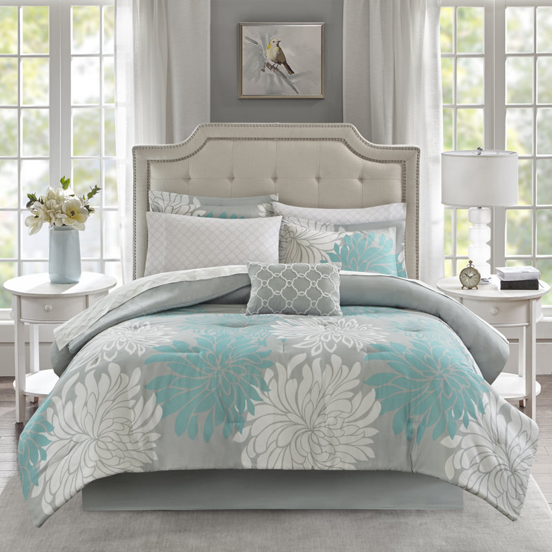 Ensemble d'édredon à motif floral avec draps en coton Maible, Turquoise, Cal. Édredon très grand + 1 jupe de lit + 2 taie