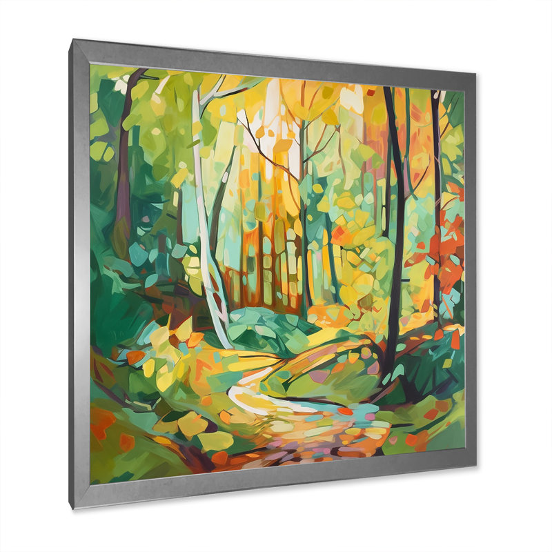 Lumière du soleil à travers les arbres dans la forêt d'automne sur toile, H 16 po x l 16 po x P 1 po, Cadre photo argenté