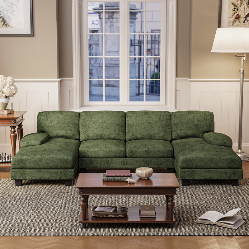 104.9" U-Shaped Sofa Couch With 4 Seats, Comfortable Modern Sectional Sofa With Double Chaises, Green Chenille