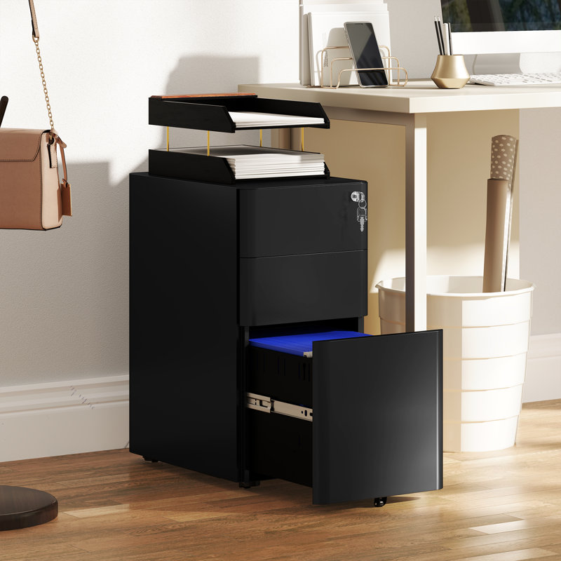 30cm Wide Mobile Steel File Cabinet, Black