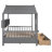 Gray, Full Size, Wooden House Bed, Storage Drawers, Shelf, Roof Design, Play, Comfort, Construction Size Bed With Gray Color, 2 Drawers And Back Shelf For Accessories, Play Area
