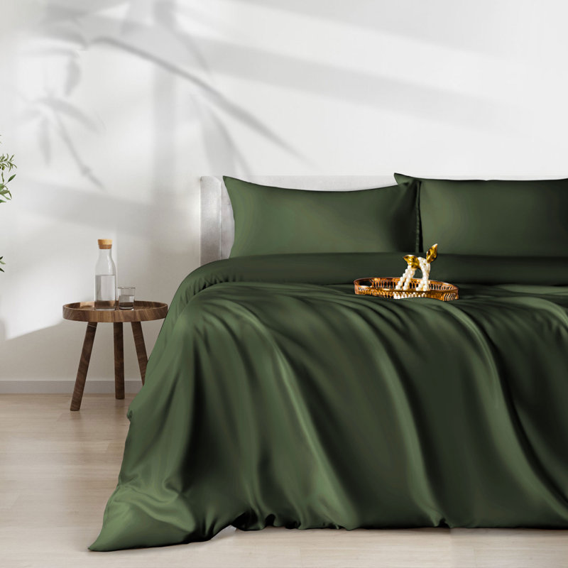 3-Piece Luxury 100% Rayon From Bamboo Duvet Cover Set, Green, Queen Duvet Cover + 2 Standard Shams