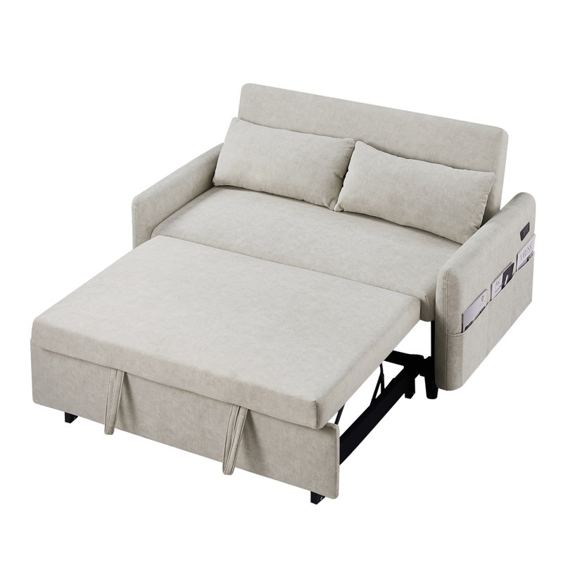 Canapé-lit escamotable avec hublots réglables, poches de rangement et 2 coussins - Lit de style beige en mousse haute pour la chambre à coucher
