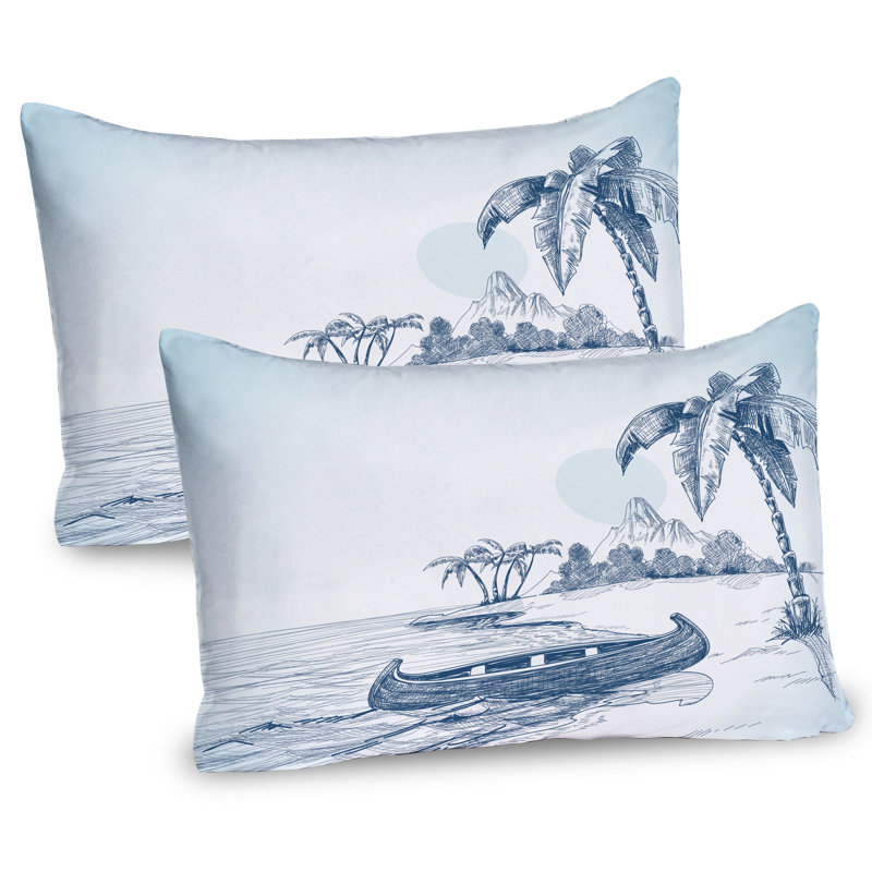 Ambesonne Vintage Boat Pillow Sham 2 Pack Island Beach Art 36"x20" Night Blue Pale, 20"H x 30"W