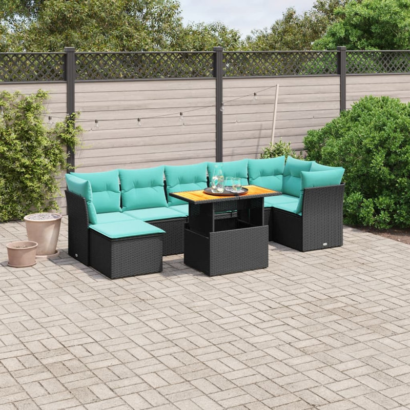 Ensemble de canapé de patio 8 pièces avec coussins en rotin de polyester, Bleu clair, Noir