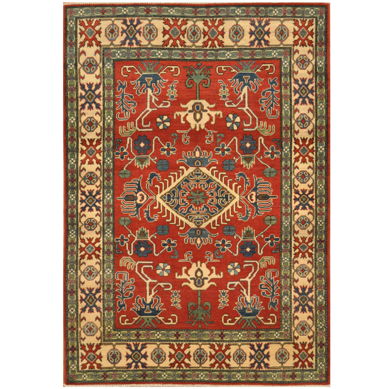 Tapis unique en laine noué à la main de style Kazak rouge de 4 pi 9 po x 6 pi 10 po Obayemi