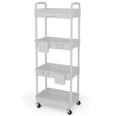 4-Tier Rolling Multi-Purpose Trolley With Drawers,Practical & Versatile Storage Trolley With Plastic Shelves & Lockable Wheels